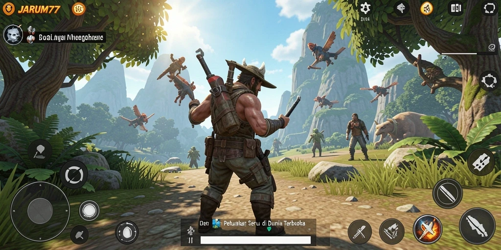 Tangkapan layar gameplay JARUM77 menampilkan petualangan seru di dunia terbuka.