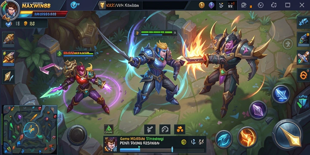 Tampilan gameplay seru dalam MAXWIN88, pertarungan epik para karakter MOBA.
