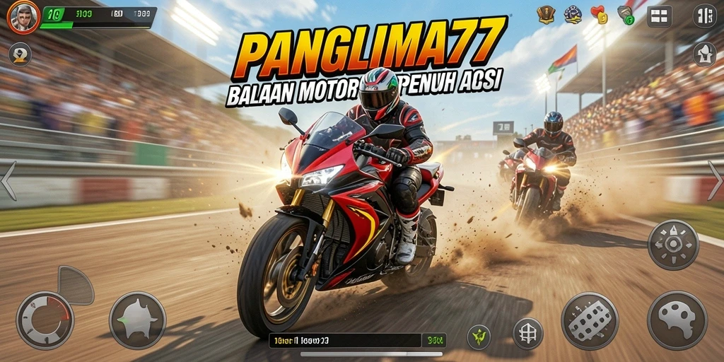 Screenshot gameplay PANGLIMA77 dengan aksi balapan motor yang intens.