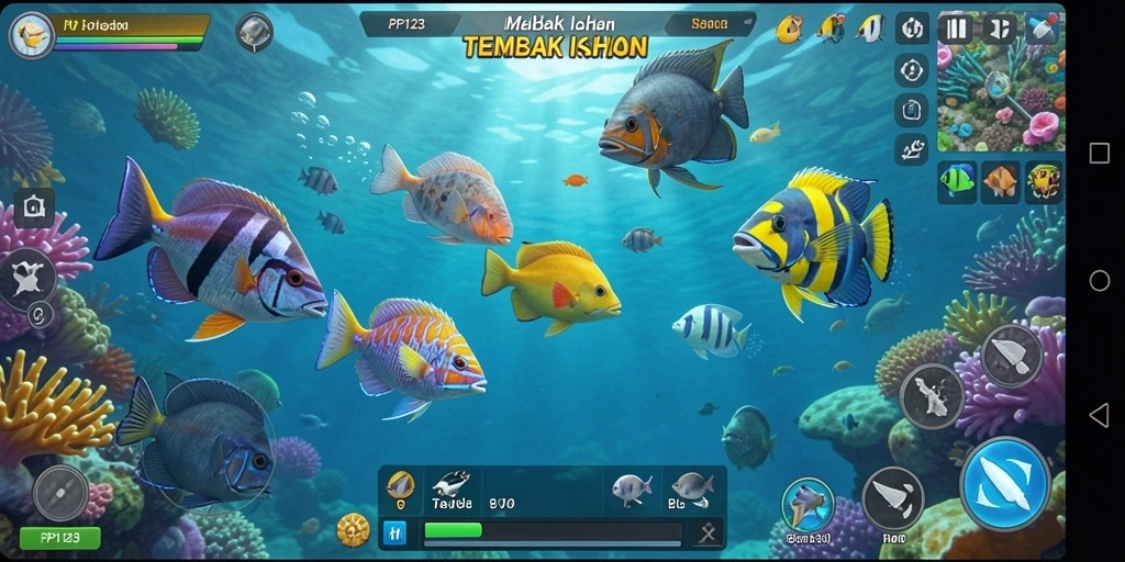 Tampilan gameplay seru PP123 saat menembak ikan.