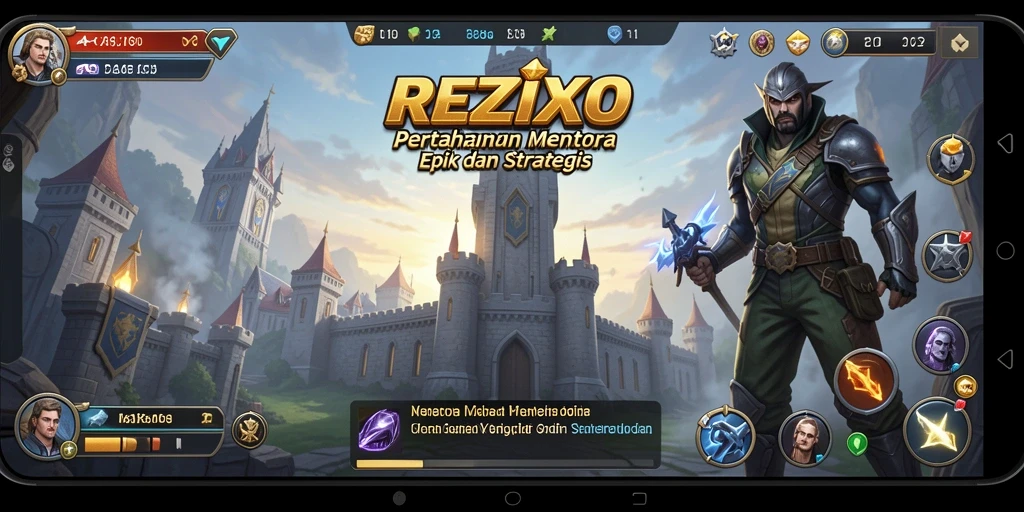 Tampilan gameplay epik di REZIXO menampilkan pertahanan menara yang strategis.